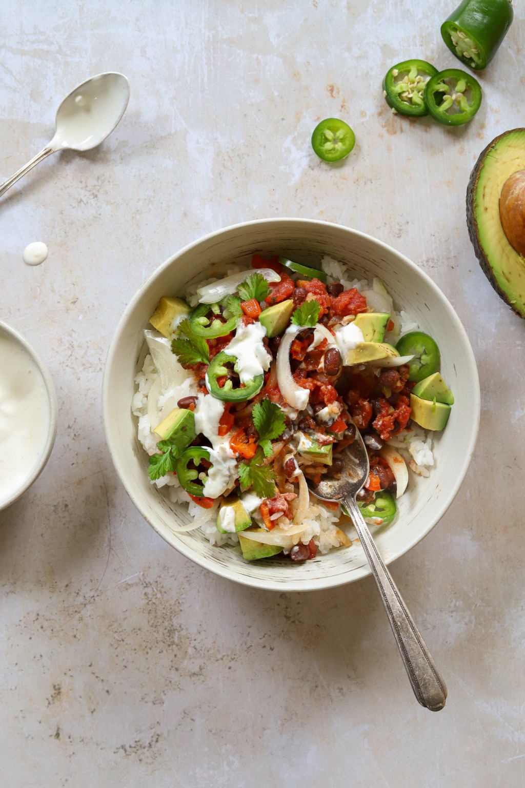 Spicy Black Beans with Sausage, Rice, and&nbsp;Avocado