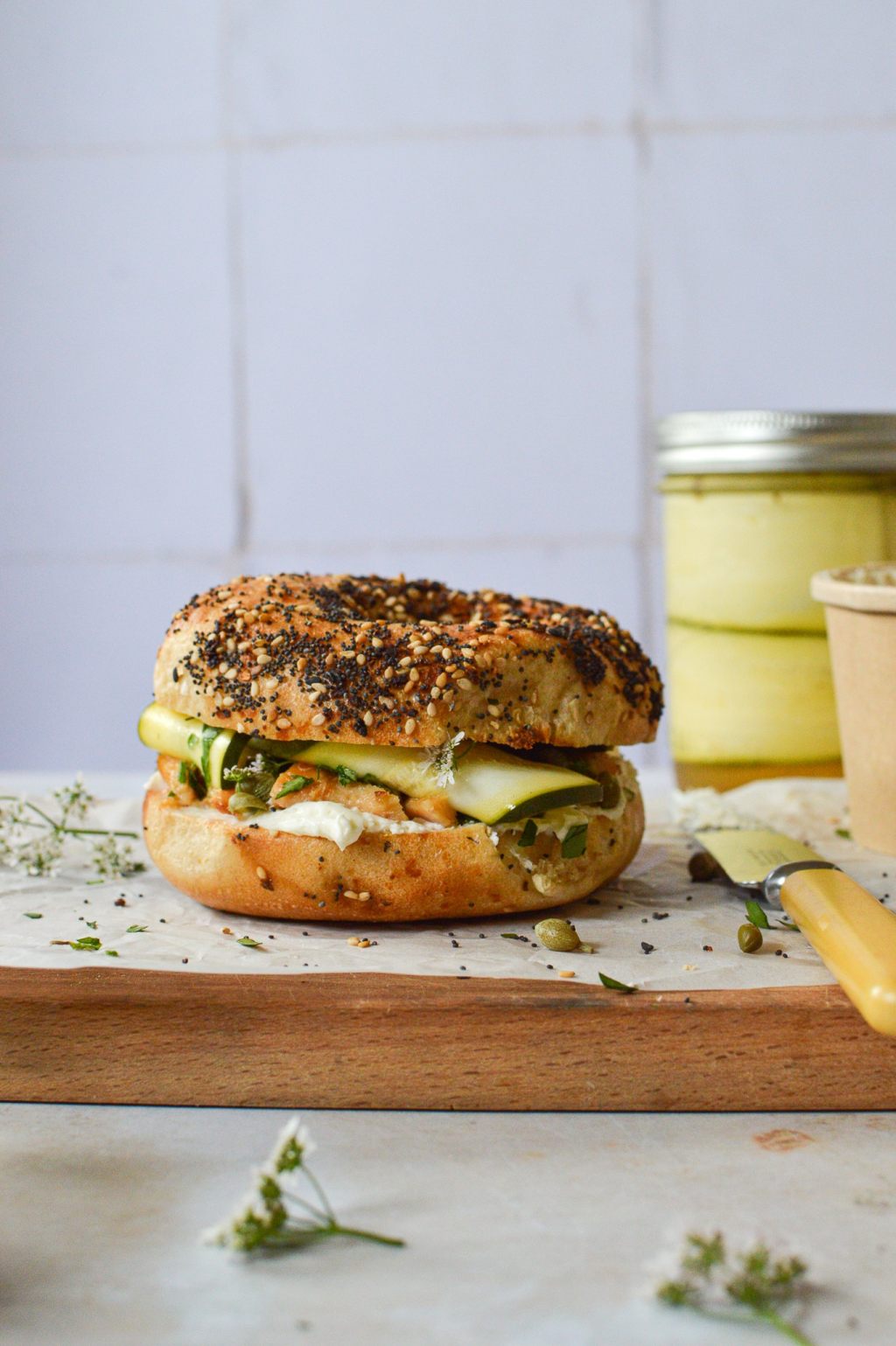 Toasted Bagels with Smoked Fish, Capers, Pickled Zucchini, &&nbsp;Herbs